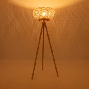 GloboStar® POPPY 01983 Boho Επιδαπέδιο Φωτιστικό Μονόφωτο 1 x E27 IP20 Μπεζ Ξύλο – Μ58 x Π58 x Υ143cm