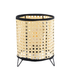 GloboStar® MONTE 01996 Μοντέρνο Επιτραπέζιο Φωτιστικό Πορτατίφ Μονόφωτο 1 x E27 AC220-240V IP20 – Φ16 x Υ22cm – Μαύρο Ύφασμα με Μπεζ Ξύλινο Μπαμπού Πλέγμα