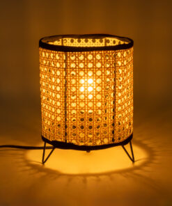 GloboStar® MONTE 01996 Μοντέρνο Επιτραπέζιο Φωτιστικό Πορτατίφ Μονόφωτο 1 x E27 AC220-240V IP20 – Φ16 x Υ22cm – Μαύρο Ύφασμα με Μπεζ Ξύλινο Μπαμπού Πλέγμα