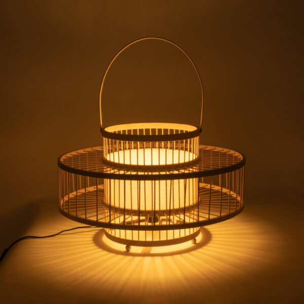 GloboStar® SORENIA 02003 Boho Επιδαπέδιο Φωτιστικό Μονόφωτο 1 x E27 AC220-240V IP20 – Φ48 x Υ27cm – Μπεζ Ξύλινο Μπαμπού Πλέγμα – 5 Χρόνια Εγγύηση