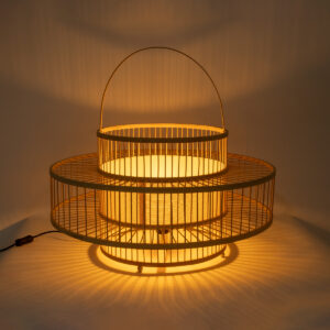 GloboStar® SORENIA 02004 Boho Επιδαπέδιο Φωτιστικό Μονόφωτο 1 x E27 AC220-240V IP20 – Φ60 x Υ32cm – Μπεζ Ξύλινο Μπαμπού Πλέγμα