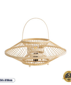 GloboStar® SORENIA 02005 Boho Επιτραπέζιο Φωτιστικό Μονόφωτο 1 x E27 AC220-240V IP20 – Φ50 x Υ18cm – Μπεζ Ξύλινο Μπαμπού Πλέγμα – 5 Χρόνια Εγγύηση