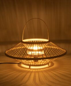 GloboStar® SORENIA 02005 Boho Επιτραπέζιο Φωτιστικό Μονόφωτο 1 x E27 AC220-240V IP20 – Φ50 x Υ18cm – Μπεζ Ξύλινο Μπαμπού Πλέγμα – 5 Χρόνια Εγγύηση