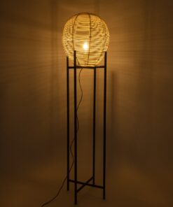 GloboStar® NERINA 02016 Boho Επιδαπέδιο Φωτιστικό Μονόφωτο 1 x E27 AC220-240V IP20 – Φ40 x Υ160cm – Μαύρο Μεταλλικό με Μπεζ Ρατάν Καπέλο Πλέγμα – 5 Χρόνια Εγγύηση