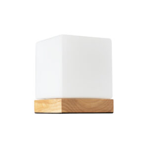 GloboStar® DERYA 02035 Μοντέρνο Επιτραπέζιο Φωτιστικό Μονόφωτο 1 x E27 AC220-240V IP20 – Μ12 x Π12 x Υ15cm – Μπεζ Ξύλινη Βάση με Λευκό Γαλακτερό Γυαλί – 5 Χρόνια Εγγύηση