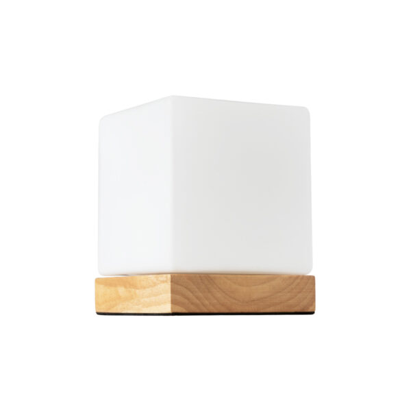 GloboStar® DERYA 02035 Μοντέρνο Επιτραπέζιο Φωτιστικό Μονόφωτο 1 x E27 AC220-240V IP20 – Μ12 x Π12 x Υ15cm – Μπεζ Ξύλινη Βάση με Λευκό Γαλακτερό Γυαλί – 5 Χρόνια Εγγύηση