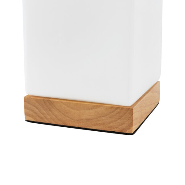 GloboStar® DERYA 02035 Μοντέρνο Επιτραπέζιο Φωτιστικό Μονόφωτο 1 x E27 AC220-240V IP20 – Μ12 x Π12 x Υ15cm – Μπεζ Ξύλινη Βάση με Λευκό Γαλακτερό Γυαλί – 5 Χρόνια Εγγύηση