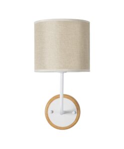 GloboStar® MANU 02044 Μοντέρνο Φωτιστικό Τοίχου – Απλίκα 1 x E27 AC 220-240V – Μ18 x Π20 x Υ37cm – Λευκό Μεταλλικό με Μπεζ Ξύλινο Σώμα & Μπεζ Πλεκτό Καπέλο – 5 Χρόνια Εγγύηση