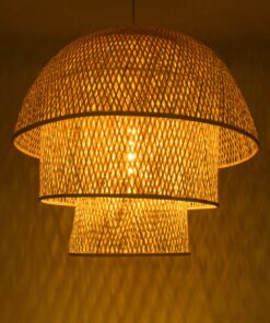 GloboStar® HIROKA 02046 Boho Κρεμαστό Φωτιστικό Οροφής Μονόφωτο 1 x E27 AC220-240V IP20 – Φ100 x Υ110cm – Μπεζ Ξύλινο Μπαμπού Πλέγμα Καμπάνα – 5 Χρόνια Εγγύηση