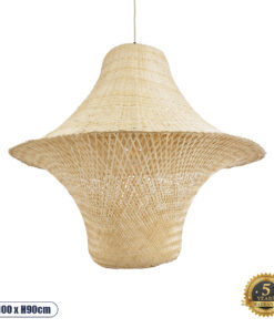 GloboStar® JUNIPER 02047 Boho Κρεμαστό Φωτιστικό Οροφής Μονόφωτο 1 x E27 AC220-240V IP20 – Φ100 x Υ90cm – Μπεζ Ξύλινο Μπαμπού Πλέγμα Καμπάνα – 5 Χρόνια Εγγύηση