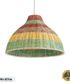 GloboStar® CABALLEROS 02053 Boho Κρεμαστό Φωτιστικό Οροφής Μονόφωτο 1 x E27 AC220-240V IP20 – Φ40 x Υ27cm – Πράσινο με Κίτρινο και Μπεζ με Κόκκινο Ξύλινο Μπαμπού Πλέγμα Καμπάνα – 5 Χρόνια Εγγύηση