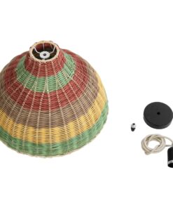 GloboStar® CABALLEROS 02053 Boho Κρεμαστό Φωτιστικό Οροφής Μονόφωτο 1 x E27 AC220-240V IP20 – Φ40 x Υ27cm – Πράσινο με Κίτρινο και Μπεζ με Κόκκινο Ξύλινο Μπαμπού Πλέγμα Καμπάνα – 5 Χρόνια Εγγύηση