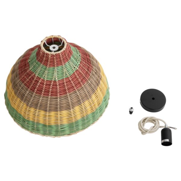 GloboStar® CABALLEROS 02053 Boho Κρεμαστό Φωτιστικό Οροφής Μονόφωτο 1 x E27 AC220-240V IP20 – Φ40 x Υ27cm – Πράσινο με Κίτρινο και Μπεζ με Κόκκινο Ξύλινο Μπαμπού Πλέγμα Καμπάνα – 5 Χρόνια Εγγύηση