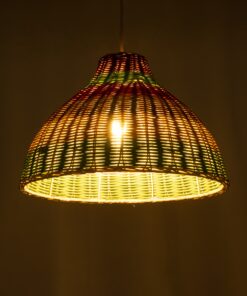 GloboStar® CABALLEROS 02053 Boho Κρεμαστό Φωτιστικό Οροφής Μονόφωτο 1 x E27 AC220-240V IP20 – Φ40 x Υ27cm – Πράσινο με Κίτρινο και Μπεζ με Κόκκινο Ξύλινο Μπαμπού Πλέγμα Καμπάνα – 5 Χρόνια Εγγύηση