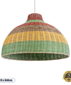 GloboStar® CABALLEROS 02054 Boho Κρεμαστό Φωτιστικό Οροφής Μονόφωτο 1 x E27 AC220-240V IP20 – Φ70 x Υ48cm – Πράσινο με Κίτρινο και Μπεζ με Κόκκινο Ξύλινο Μπαμπού Πλέγμα Καμπάνα – 5 Χρόνια Εγγύηση