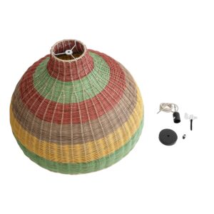 GloboStar® CABALLEROS 02054 Boho Κρεμαστό Φωτιστικό Οροφής Μονόφωτο 1 x E27 AC220-240V IP20 – Φ70 x Υ48cm – Πράσινο με Κίτρινο και Μπεζ με Κόκκινο Ξύλινο Μπαμπού Πλέγμα Καμπάνα – 5 Χρόνια Εγγύηση