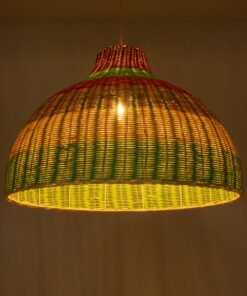 GloboStar® CABALLEROS 02054 Boho Κρεμαστό Φωτιστικό Οροφής Μονόφωτο 1 x E27 AC220-240V IP20 – Φ70 x Υ48cm – Πράσινο με Κίτρινο και Μπεζ με Κόκκινο Ξύλινο Μπαμπού Πλέγμα Καμπάνα – 5 Χρόνια Εγγύηση