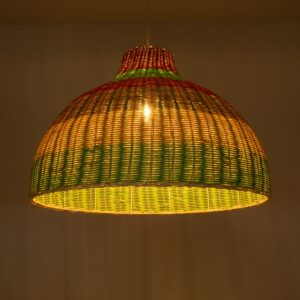 GloboStar® CABALLEROS 02054 Boho Κρεμαστό Φωτιστικό Οροφής Μονόφωτο 1 x E27 AC220-240V IP20 – Φ70 x Υ48cm – Πράσινο με Κίτρινο και Μπεζ με Κόκκινο Ξύλινο Μπαμπού Πλέγμα Καμπάνα – 5 Χρόνια Εγγύηση