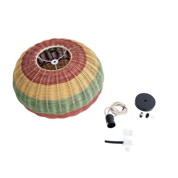 GloboStar® CABALLEROS 02055 Boho Κρεμαστό Φωτιστικό Οροφής Μονόφωτο 1 x E27 AC220-240V IP20 – Φ40 x Υ25cm – Πράσινο με Κίτρινο και Μπλε με Κόκκινο Ξύλινο Μπαμπού Πλέγμα – 5 Χρόνια Εγγύηση
