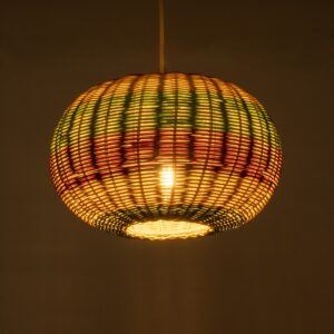 GloboStar® CABALLEROS 02055 Boho Κρεμαστό Φωτιστικό Οροφής Μονόφωτο 1 x E27 AC220-240V IP20 – Φ40 x Υ25cm – Πράσινο με Κίτρινο και Μπλε με Κόκκινο Ξύλινο Μπαμπού Πλέγμα – 5 Χρόνια Εγγύηση