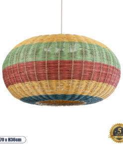 GloboStar® CABALLEROS 02056 Boho Κρεμαστό Φωτιστικό Οροφής Μονόφωτο 1 x E27 AC220-240V IP20 – Φ70 x Υ36cm – Πράσινο με Κίτρινο και Μπλε με Κόκκινο Ξύλινο Μπαμπού Πλέγμα – 5 Χρόνια Εγγύηση