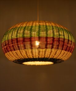 GloboStar® CABALLEROS 02056 Boho Κρεμαστό Φωτιστικό Οροφής Μονόφωτο 1 x E27 AC220-240V IP20 – Φ70 x Υ36cm – Πράσινο με Κίτρινο και Μπλε με Κόκκινο Ξύλινο Μπαμπού Πλέγμα – 5 Χρόνια Εγγύηση