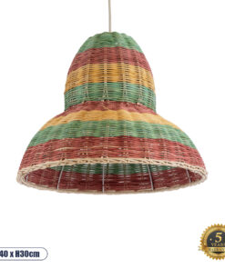 GloboStar® CABALLEROS 02057 Boho Κρεμαστό Φωτιστικό Οροφής Μονόφωτο 1 x E27 AC220-240V IP20 – Φ40 x Υ30cm – Πράσινο με Κίτρινο και Μπεζ με Κόκκινο Ξύλινο Μπαμπού Πλέγμα Καμπάνα – 5 Χρόνια Εγγύηση