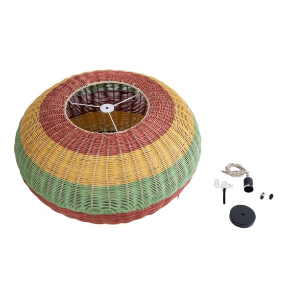 GloboStar® CABALLEROS 02056 Boho Κρεμαστό Φωτιστικό Οροφής Μονόφωτο 1 x E27 AC220-240V IP20 – Φ70 x Υ36cm – Πράσινο με Κίτρινο και Μπλε με Κόκκινο Ξύλινο Μπαμπού Πλέγμα – 5 Χρόνια Εγγύηση