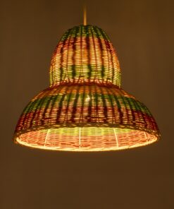 GloboStar® CABALLEROS 02057 Boho Κρεμαστό Φωτιστικό Οροφής Μονόφωτο 1 x E27 AC220-240V IP20 – Φ40 x Υ30cm – Πράσινο με Κίτρινο και Μπεζ με Κόκκινο Ξύλινο Μπαμπού Πλέγμα Καμπάνα – 5 Χρόνια Εγγύηση