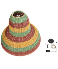 GloboStar® CABALLEROS 02058 Boho Κρεμαστό Φωτιστικό Οροφής Μονόφωτο 1 x E27 AC220-240V IP20 – Φ70 x Υ60cm – Πράσινο με Κίτρινο και Μπεζ με Κόκκινο Ξύλινο Μπαμπού Πλέγμα Καμπάνα – 5 Χρόνια Εγγύηση