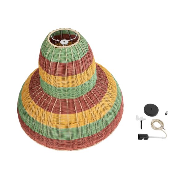 GloboStar® CABALLEROS 02058 Boho Κρεμαστό Φωτιστικό Οροφής Μονόφωτο 1 x E27 AC220-240V IP20 – Φ70 x Υ60cm – Πράσινο με Κίτρινο και Μπεζ με Κόκκινο Ξύλινο Μπαμπού Πλέγμα Καμπάνα – 5 Χρόνια Εγγύηση