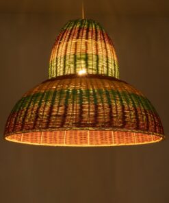 GloboStar® CABALLEROS 02058 Boho Κρεμαστό Φωτιστικό Οροφής Μονόφωτο 1 x E27 AC220-240V IP20 – Φ70 x Υ60cm – Πράσινο με Κίτρινο και Μπεζ με Κόκκινο Ξύλινο Μπαμπού Πλέγμα Καμπάνα – 5 Χρόνια Εγγύηση