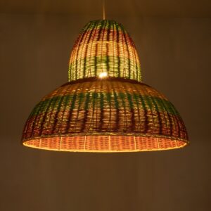 GloboStar® CABALLEROS 02058 Boho Κρεμαστό Φωτιστικό Οροφής Μονόφωτο 1 x E27 AC220-240V IP20 – Φ70 x Υ60cm – Πράσινο με Κίτρινο και Μπεζ με Κόκκινο Ξύλινο Μπαμπού Πλέγμα Καμπάνα – 5 Χρόνια Εγγύηση