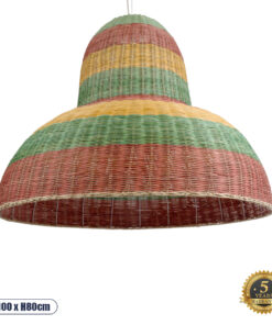 GloboStar® CABALLEROS 02059 Boho Κρεμαστό Φωτιστικό Οροφής Μονόφωτο 1 x E27 AC220-240V IP20 – Φ100 x Υ80cm – Πράσινο με Κίτρινο και Μπεζ με Κόκκινο Ξύλινο Μπαμπού Πλέγμα Καμπάνα – 5 Χρόνια Εγγύηση