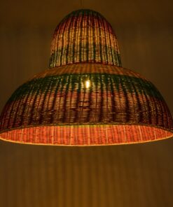 GloboStar® CABALLEROS 02059 Boho Κρεμαστό Φωτιστικό Οροφής Μονόφωτο 1 x E27 AC220-240V IP20 – Φ100 x Υ80cm – Πράσινο με Κίτρινο και Μπεζ με Κόκκινο Ξύλινο Μπαμπού Πλέγμα Καμπάνα – 5 Χρόνια Εγγύηση