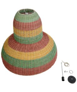 GloboStar® CABALLEROS 02059 Boho Κρεμαστό Φωτιστικό Οροφής Μονόφωτο 1 x E27 AC220-240V IP20 – Φ100 x Υ80cm – Πράσινο με Κίτρινο και Μπεζ με Κόκκινο Ξύλινο Μπαμπού Πλέγμα Καμπάνα – 5 Χρόνια Εγγύηση