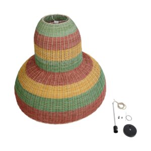 GloboStar® CABALLEROS 02059 Boho Κρεμαστό Φωτιστικό Οροφής Μονόφωτο 1 x E27 AC220-240V IP20 – Φ100 x Υ80cm – Πράσινο με Κίτρινο και Μπεζ με Κόκκινο Ξύλινο Μπαμπού Πλέγμα Καμπάνα – 5 Χρόνια Εγγύηση