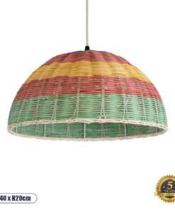 GloboStar® CABALLEROS 02060 Boho Κρεμαστό Φωτιστικό Οροφής Μονόφωτο 1 x E27 AC220-240V IP20 – Φ40 x Υ20cm – Πράσινο με Κίτρινο και Κόκκινο Ξύλινο Μπαμπού Πλέγμα Καμπάνα – 5 Χρόνια Εγγύηση