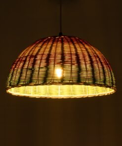 GloboStar® CABALLEROS 02060 Boho Κρεμαστό Φωτιστικό Οροφής Μονόφωτο 1 x E27 AC220-240V IP20 – Φ40 x Υ20cm – Πράσινο με Κίτρινο και Κόκκινο Ξύλινο Μπαμπού Πλέγμα Καμπάνα – 5 Χρόνια Εγγύηση