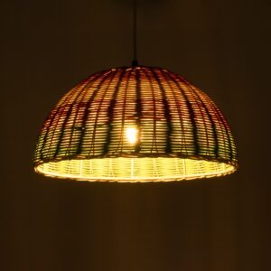 GloboStar® CABALLEROS 02060 Boho Κρεμαστό Φωτιστικό Οροφής Μονόφωτο 1 x E27 AC220-240V IP20 – Φ40 x Υ20cm – Πράσινο με Κίτρινο και Κόκκινο Ξύλινο Μπαμπού Πλέγμα Καμπάνα – 5 Χρόνια Εγγύηση
