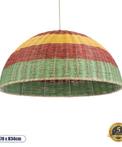 GloboStar® CABALLEROS 02061 Boho Κρεμαστό Φωτιστικό Οροφής Μονόφωτο 1 x E27 AC220-240V IP20 – Φ70 x Υ34cm – Πράσινο με Κίτρινο και Κόκκινο Ξύλινο Μπαμπού Πλέγμα Καμπάνα – 5 Χρόνια Εγγύηση