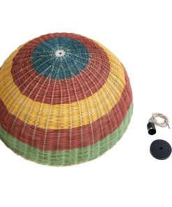 GloboStar® CABALLEROS 02061 Boho Κρεμαστό Φωτιστικό Οροφής Μονόφωτο 1 x E27 AC220-240V IP20 – Φ70 x Υ34cm – Πράσινο με Κίτρινο και Κόκκινο Ξύλινο Μπαμπού Πλέγμα Καμπάνα – 5 Χρόνια Εγγύηση