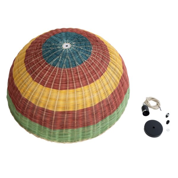 GloboStar® CABALLEROS 02061 Boho Κρεμαστό Φωτιστικό Οροφής Μονόφωτο 1 x E27 AC220-240V IP20 – Φ70 x Υ34cm – Πράσινο με Κίτρινο και Κόκκινο Ξύλινο Μπαμπού Πλέγμα Καμπάνα – 5 Χρόνια Εγγύηση
