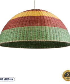 GloboStar® CABALLEROS 02062 Boho Κρεμαστό Φωτιστικό Οροφής Μονόφωτο 1 x E27 AC220-240V IP20 – Φ100 x Υ53cm – Πράσινο με Κίτρινο και Κόκκινο Ξύλινο Μπαμπού Πλέγμα Καμπάνα – 5 Χρόνια Εγγύηση