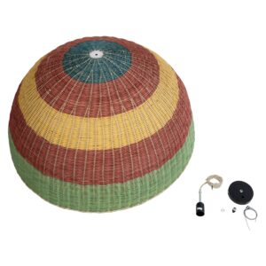 GloboStar® CABALLEROS 02062 Boho Κρεμαστό Φωτιστικό Οροφής Μονόφωτο 1 x E27 AC220-240V IP20 – Φ100 x Υ53cm – Πράσινο με Κίτρινο και Κόκκινο Ξύλινο Μπαμπού Πλέγμα Καμπάνα – 5 Χρόνια Εγγύηση