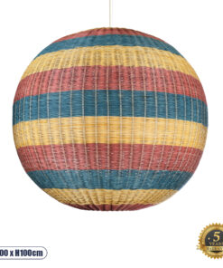 GloboStar® CABALLEROS 02064 Boho Κρεμαστό Φωτιστικό Οροφής Μονόφωτο 1 x E27 AC220-240V IP20 – Φ100 x Υ100cm – Μπλε με Κίτρινο και Κόκκινο Μπαμπού Πλέγμα Μπάλα – 5 Χρόνια Εγγύηση