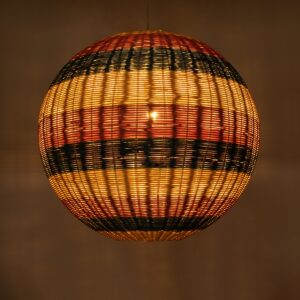 GloboStar® CABALLEROS 02064 Boho Κρεμαστό Φωτιστικό Οροφής Μονόφωτο 1 x E27 AC220-240V IP20 – Φ100 x Υ100cm – Μπλε με Κίτρινο και Κόκκινο Μπαμπού Πλέγμα Μπάλα – 5 Χρόνια Εγγύηση