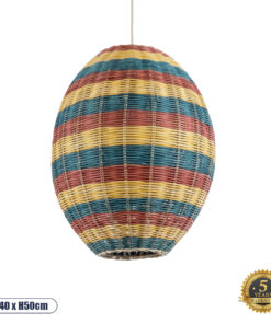 GloboStar® CABALLEROS 02065 Boho Κρεμαστό Φωτιστικό Οροφής Μονόφωτο 1 x E27 AC220-240V IP20 – Φ40 x Υ50cm – Πράσινο με Κίτρινο και Μπλε με Κόκκινο Ξύλινο Μπαμπού Πλέγμα – 5 Χρόνια Εγγύηση