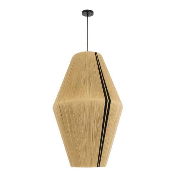 GloboStar® SALERNO 02077 Boho Κρεμαστό Φωτιστικό Οροφής Μονόφωτο 1 x E27 AC220-240V IP20 – Φ50 x Υ80cm – Μπεζ με Μαύρο Λεπτό Νήμα Βαμβακερό Πλέγμα Καμπάνα – 5 Χρόνια Εγγύηση