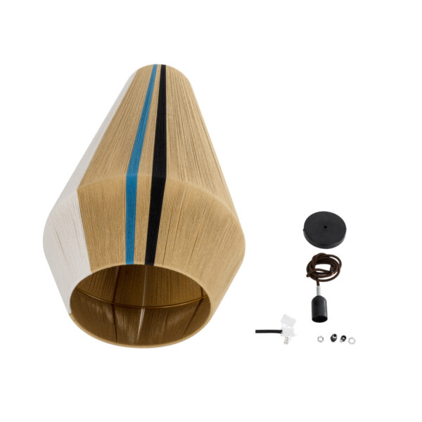 GloboStar® SALERNO 02079 Boho Κρεμαστό Φωτιστικό Οροφής Μονόφωτο 1 x E27 AC220-240V IP20 – Φ50 x Υ90cm – Μπεζ με Λευκό και Γαλάζια με Μαύρη Λεπτομέρεια Λεπτό Νήμα Βαμβακερό Πλέγμα Καμπάνα – 5 Χρόνια Εγγύηση